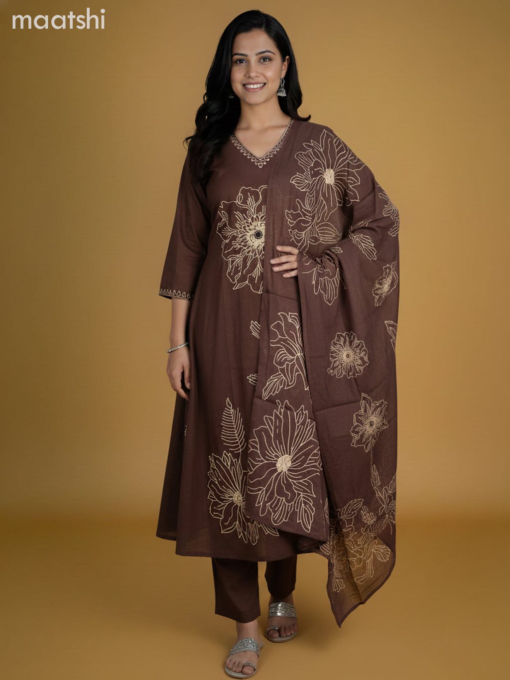 Dark Brown Cotton Floral Printed Anarkali Suit