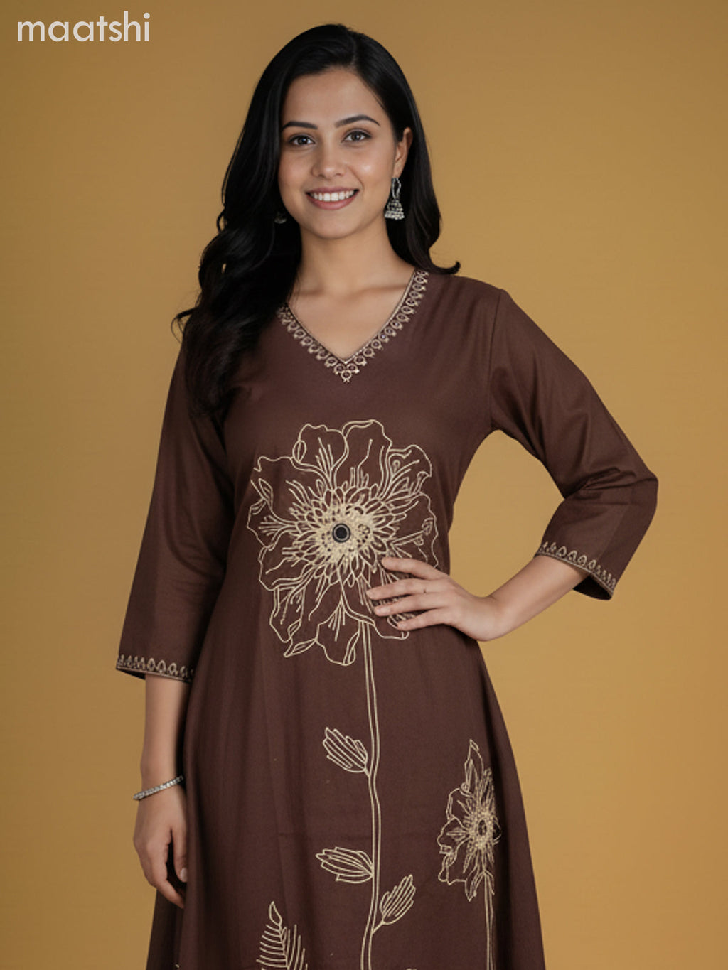 Dark Brown Cotton Floral Printed Anarkali Suit