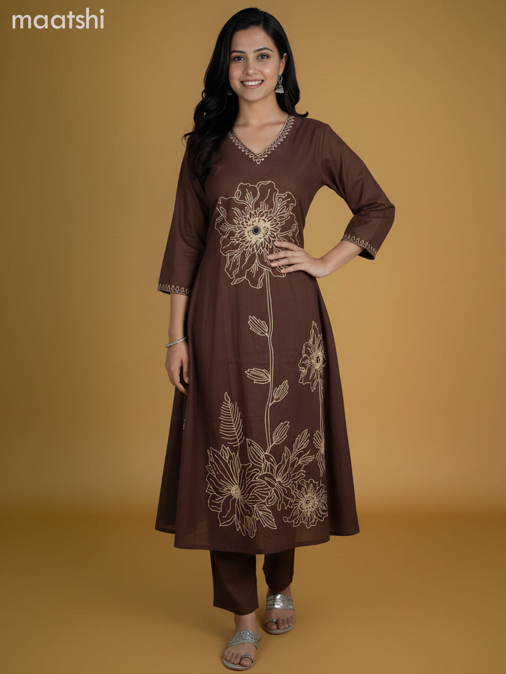 Dark Brown Cotton Floral Printed Anarkali Suit