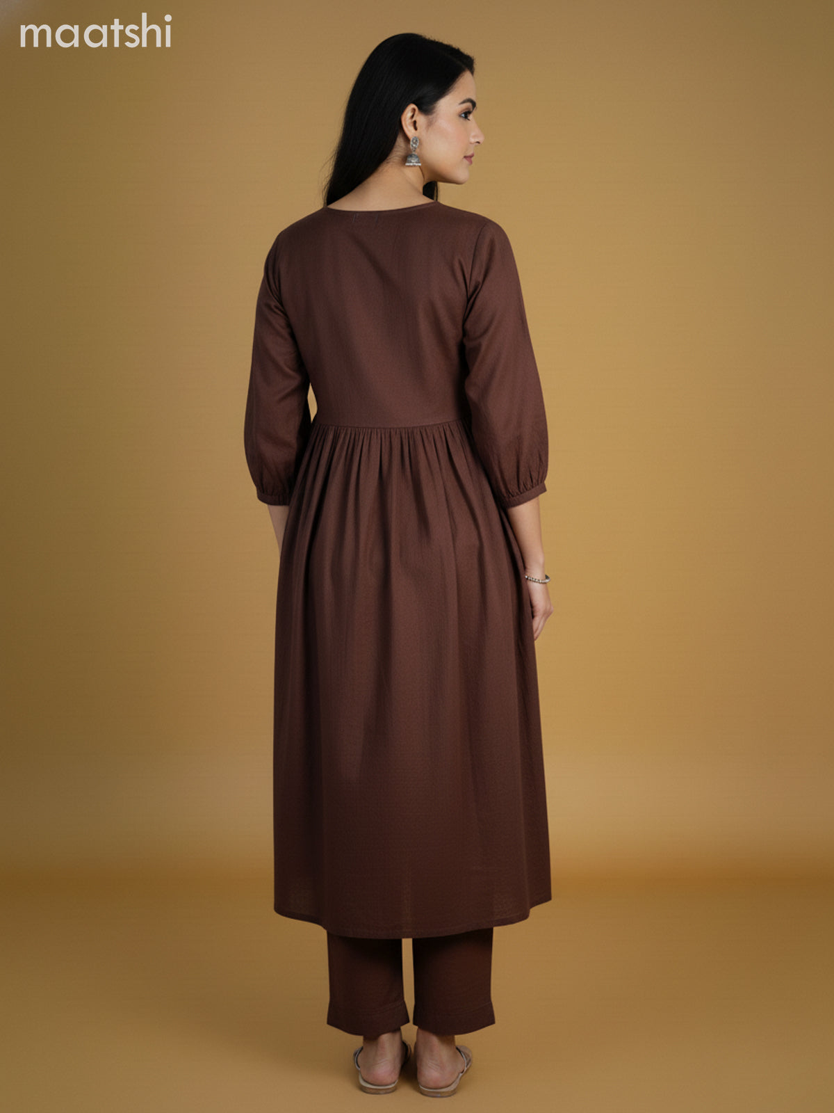 Dark Brown Cotton Floral Printed Anarkali Suit