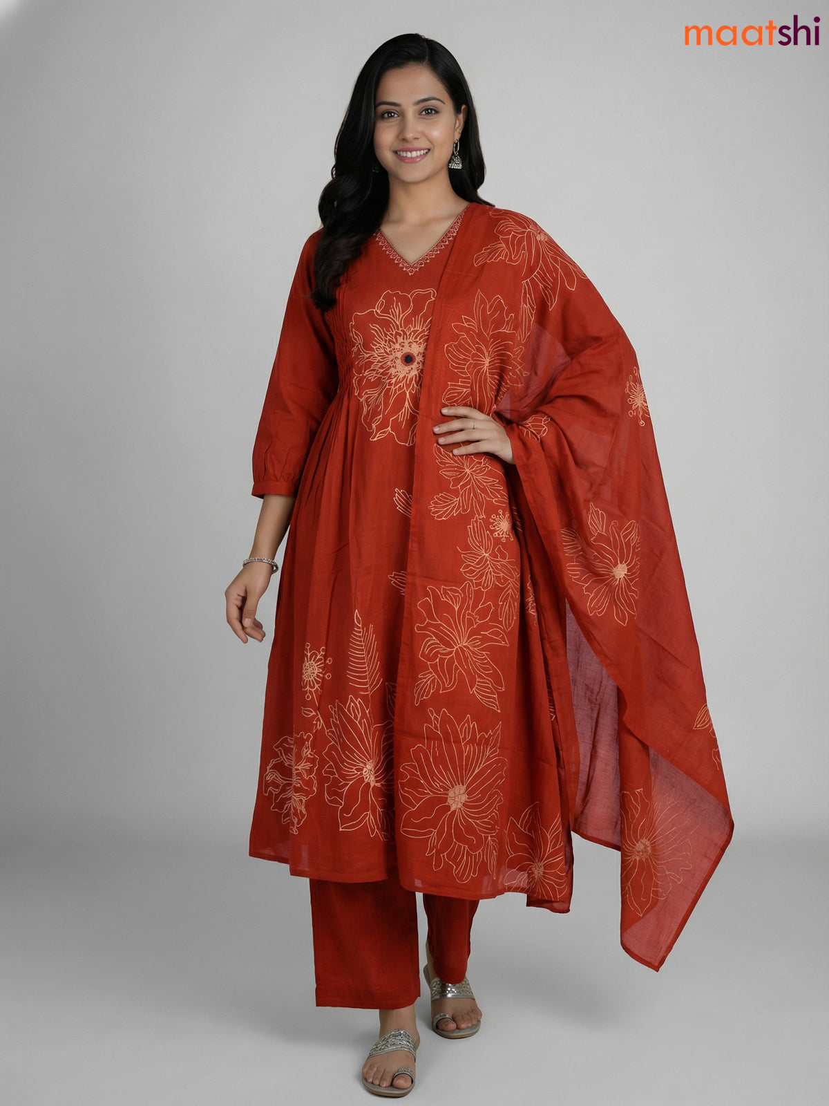 Rust Shade Cotton Floral Printed Anarkali Suit