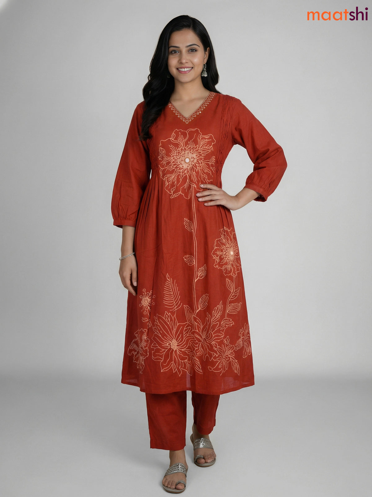 Rust Shade Cotton Floral Printed Anarkali Suit