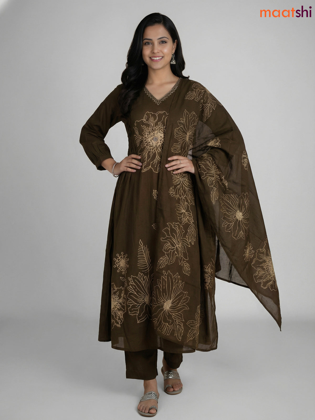 Sap Green Cotton Floral Printed Anarkali Suit