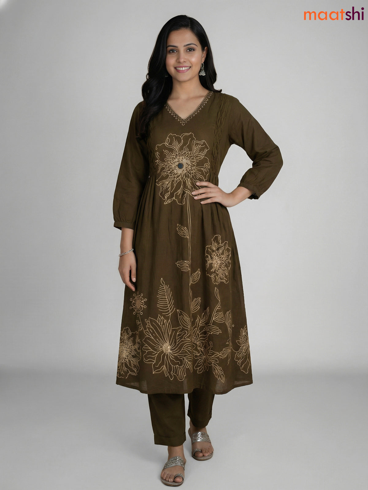 Sap Green Cotton Floral Printed Anarkali Suit