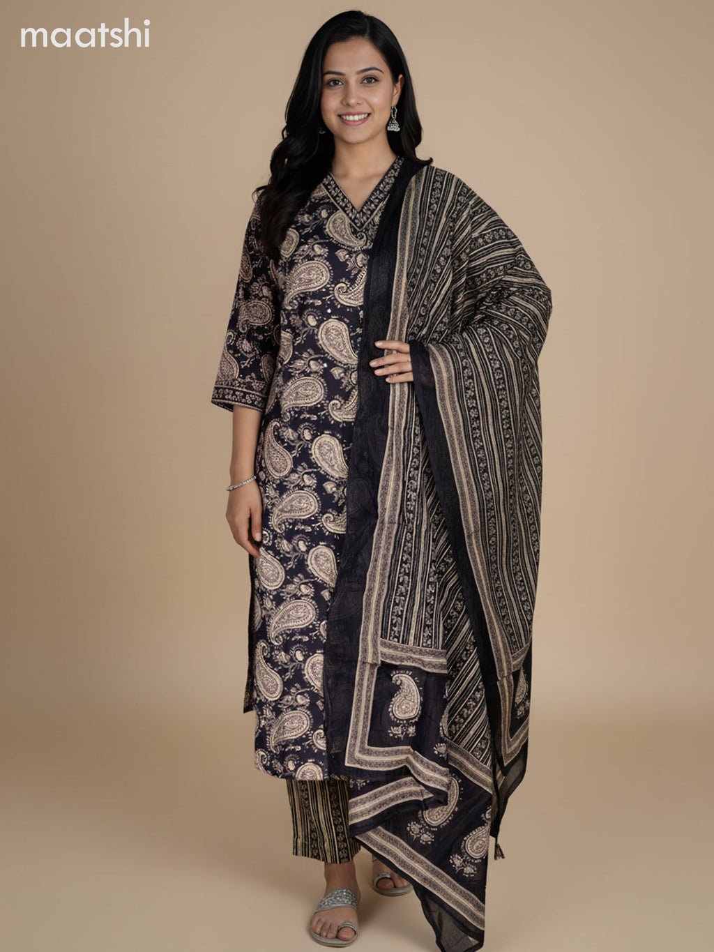 Black Cotton Block Printed Straight Suit