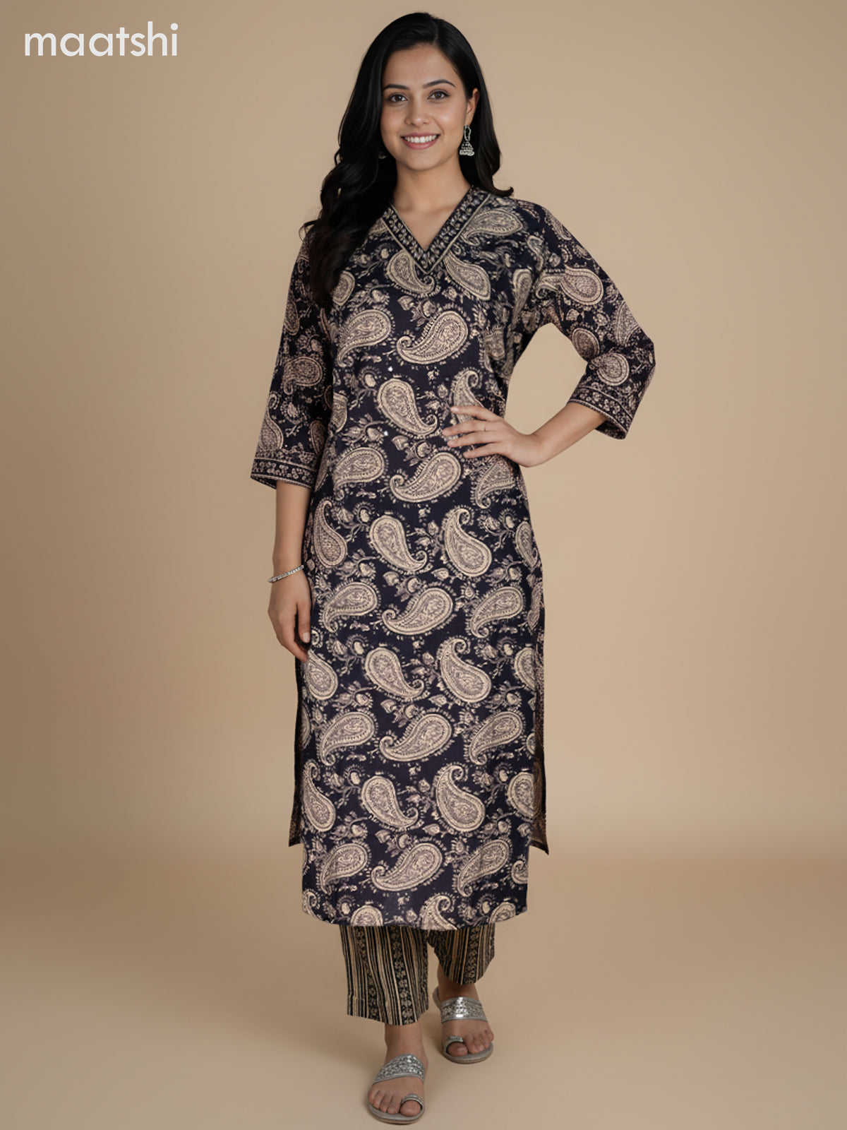 Black Cotton Block Printed Straight Suit