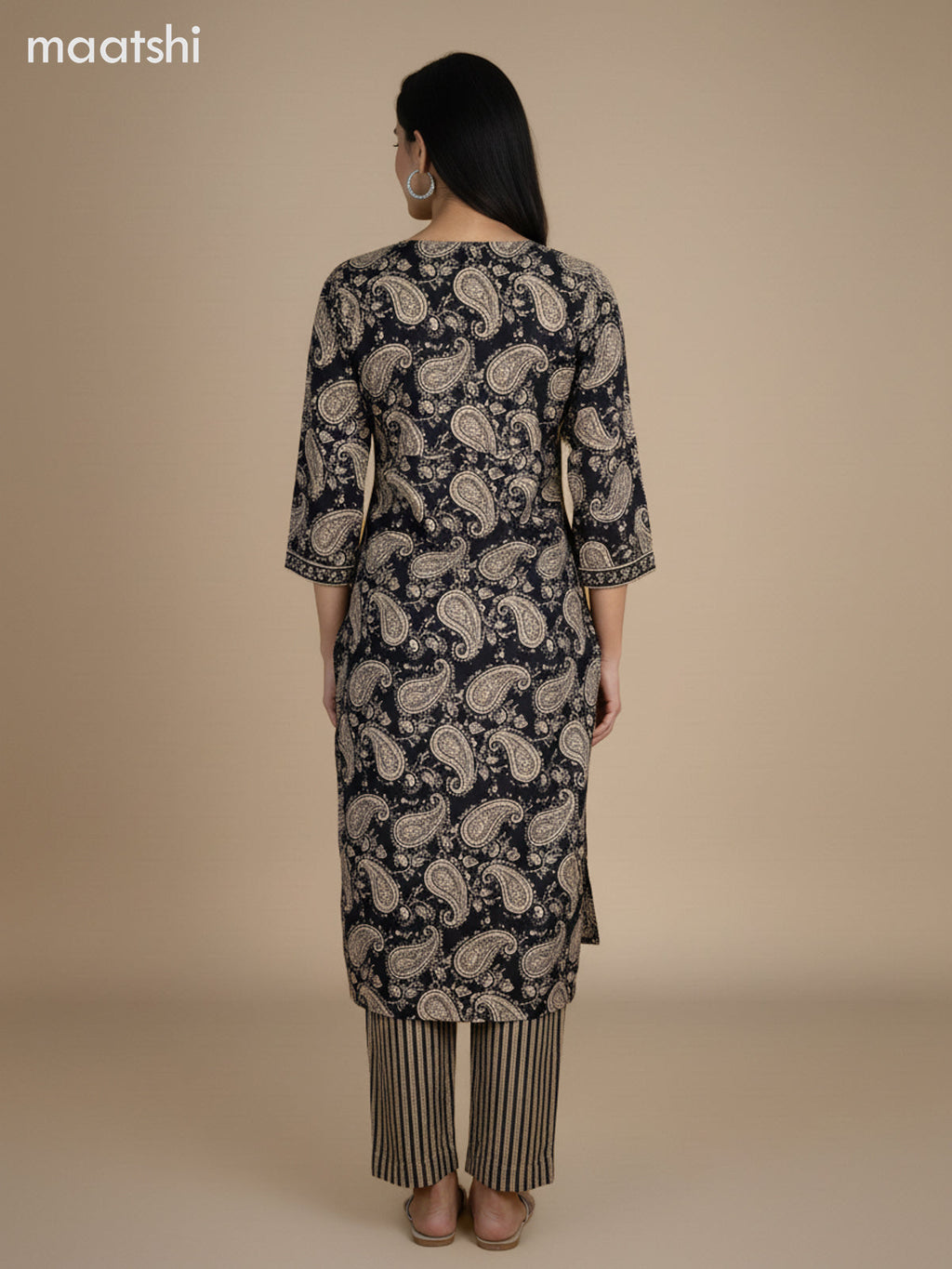 Black Cotton Block Printed Straight Suit