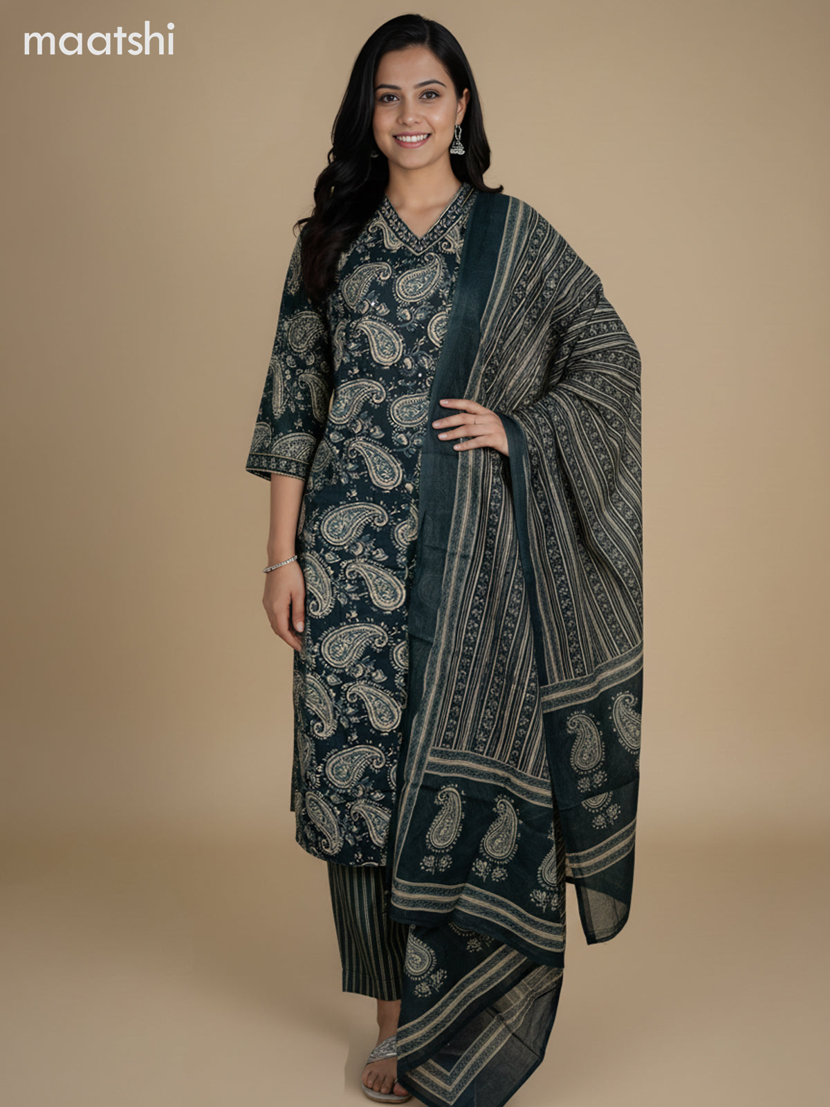 Dark Green Cotton Block Printed Straight Suit
