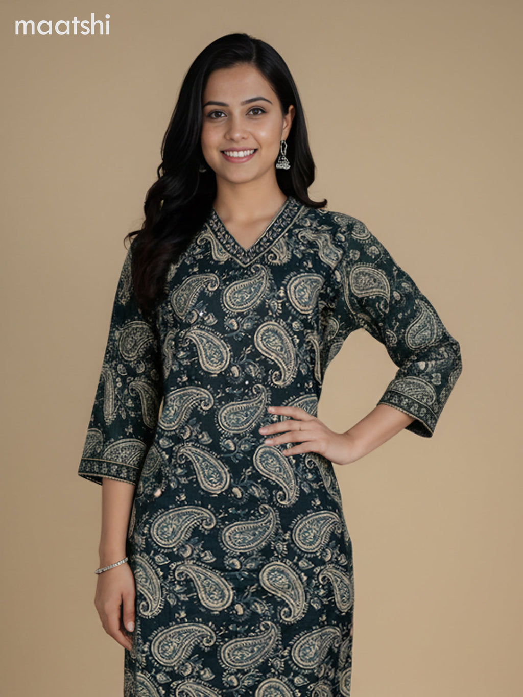 Dark Green Cotton Block Printed Straight Suit