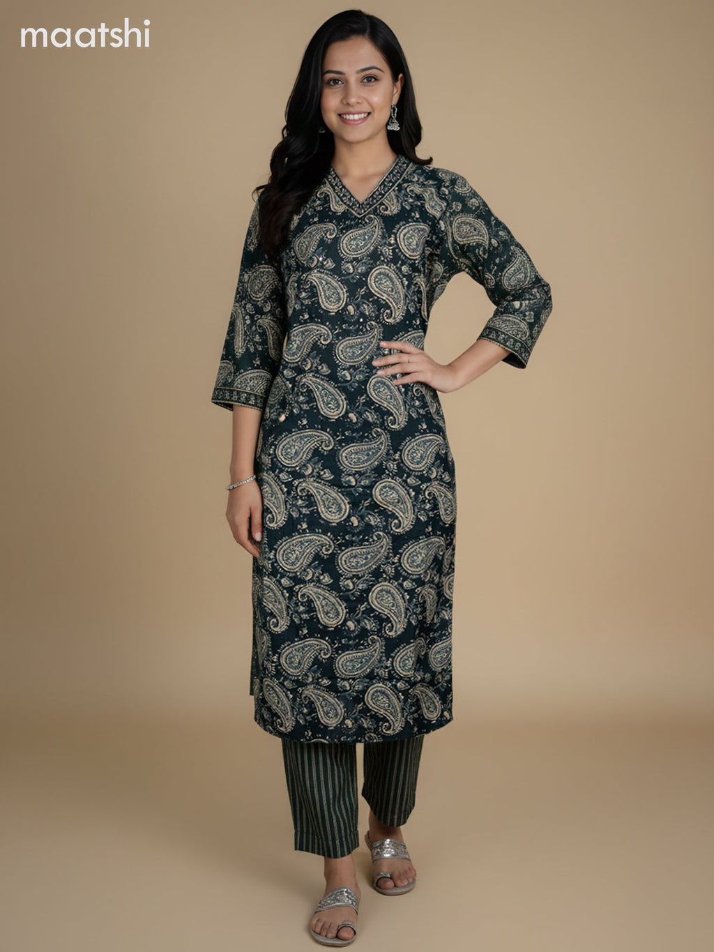 Dark Green Cotton Block Printed Straight Suit