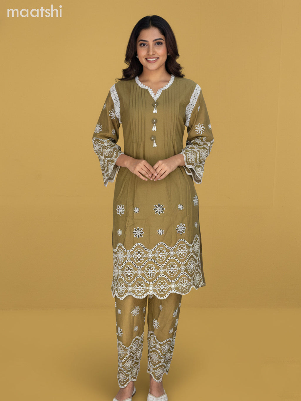 Mehendi Green Cotton Hakoba Work Co-Ord Set