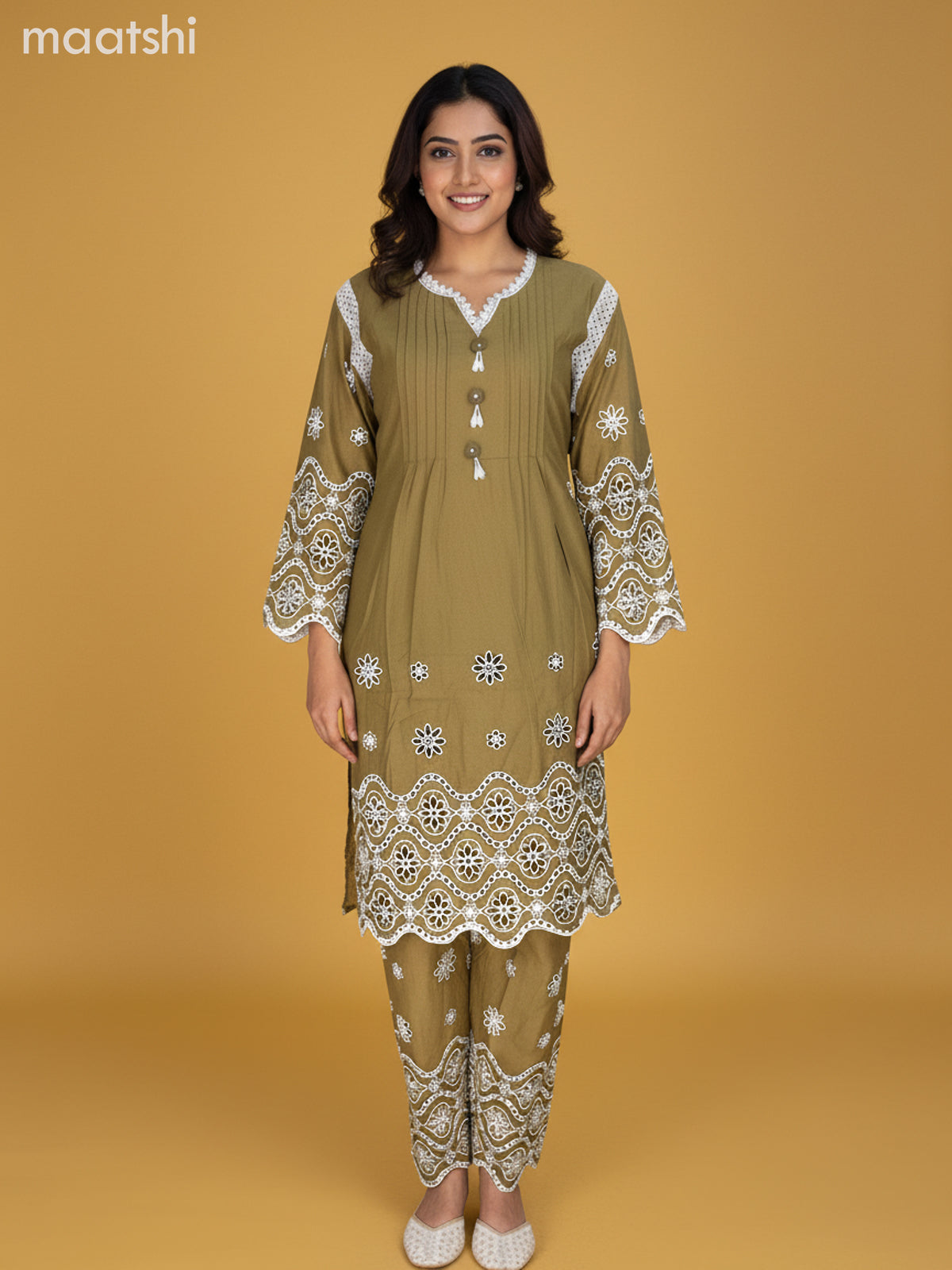 Mehendi Green Cotton Hakoba Work Co-Ord Set