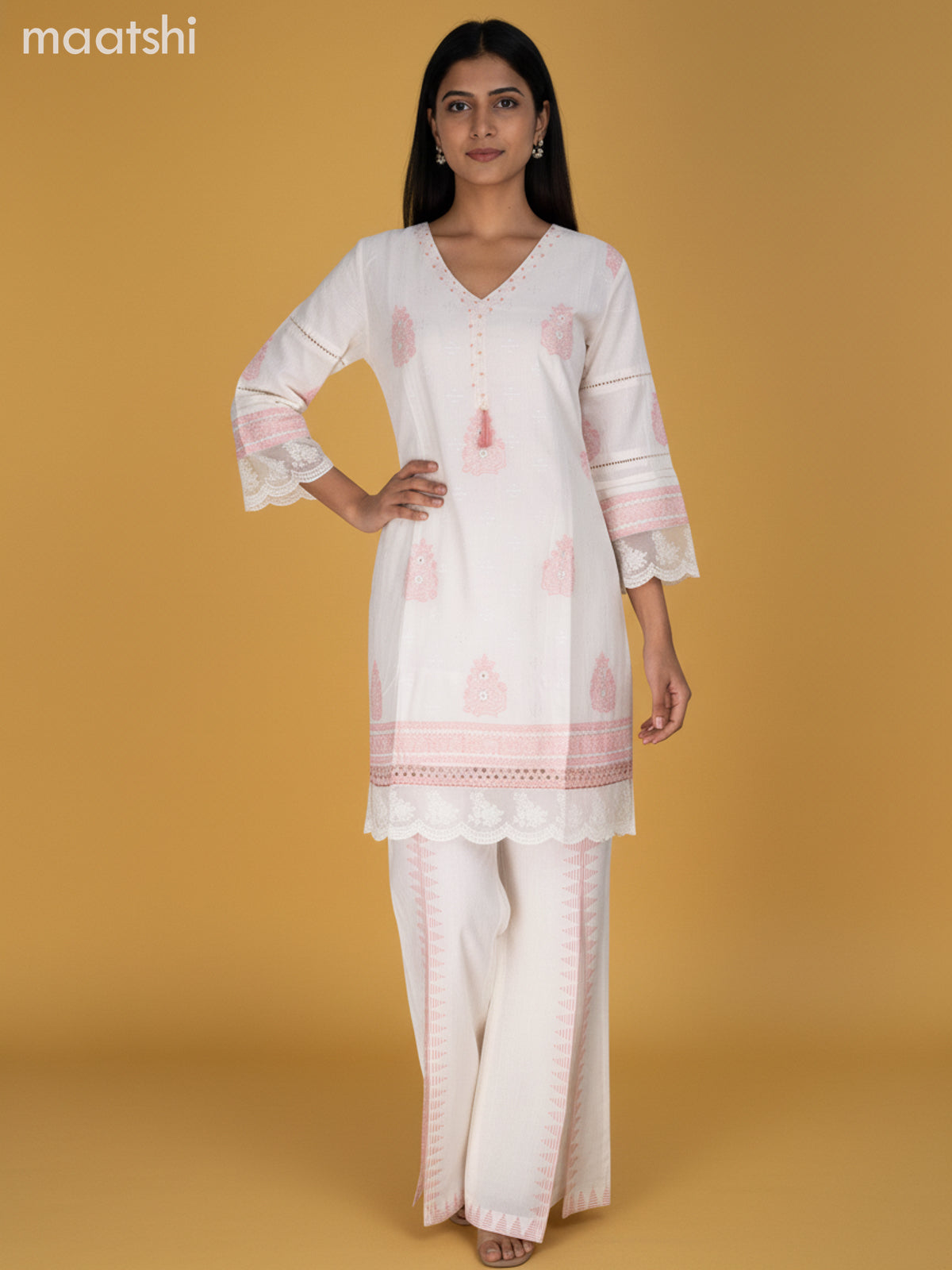 Off White Cotton Embroidery & Lace Work Kurti Set