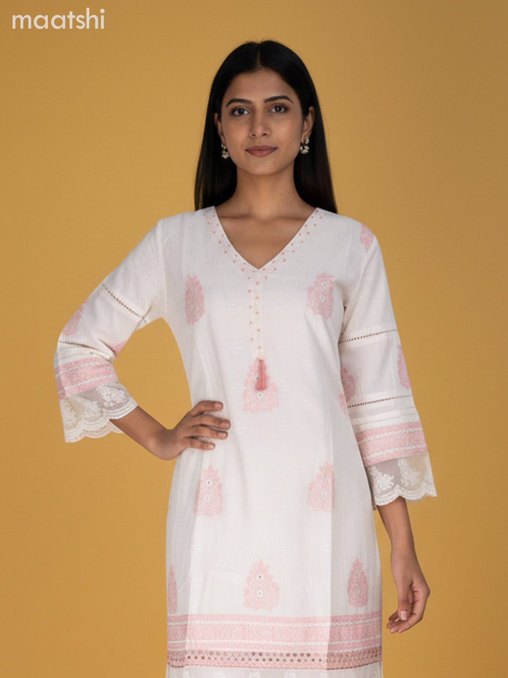 Off White Cotton Embroidery & Lace Work Kurti Set
