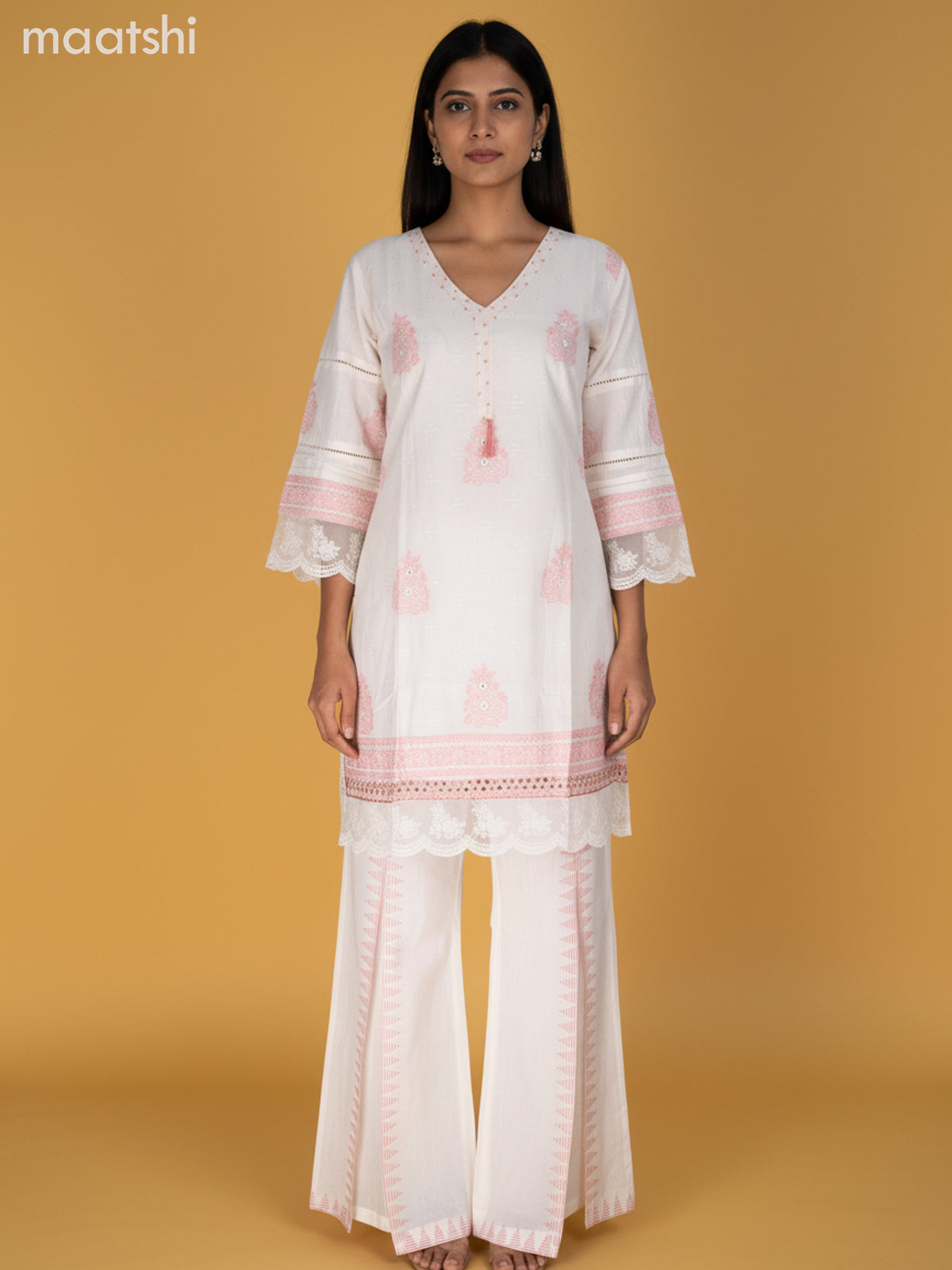 Off White Cotton Embroidery & Lace Work Kurti Set