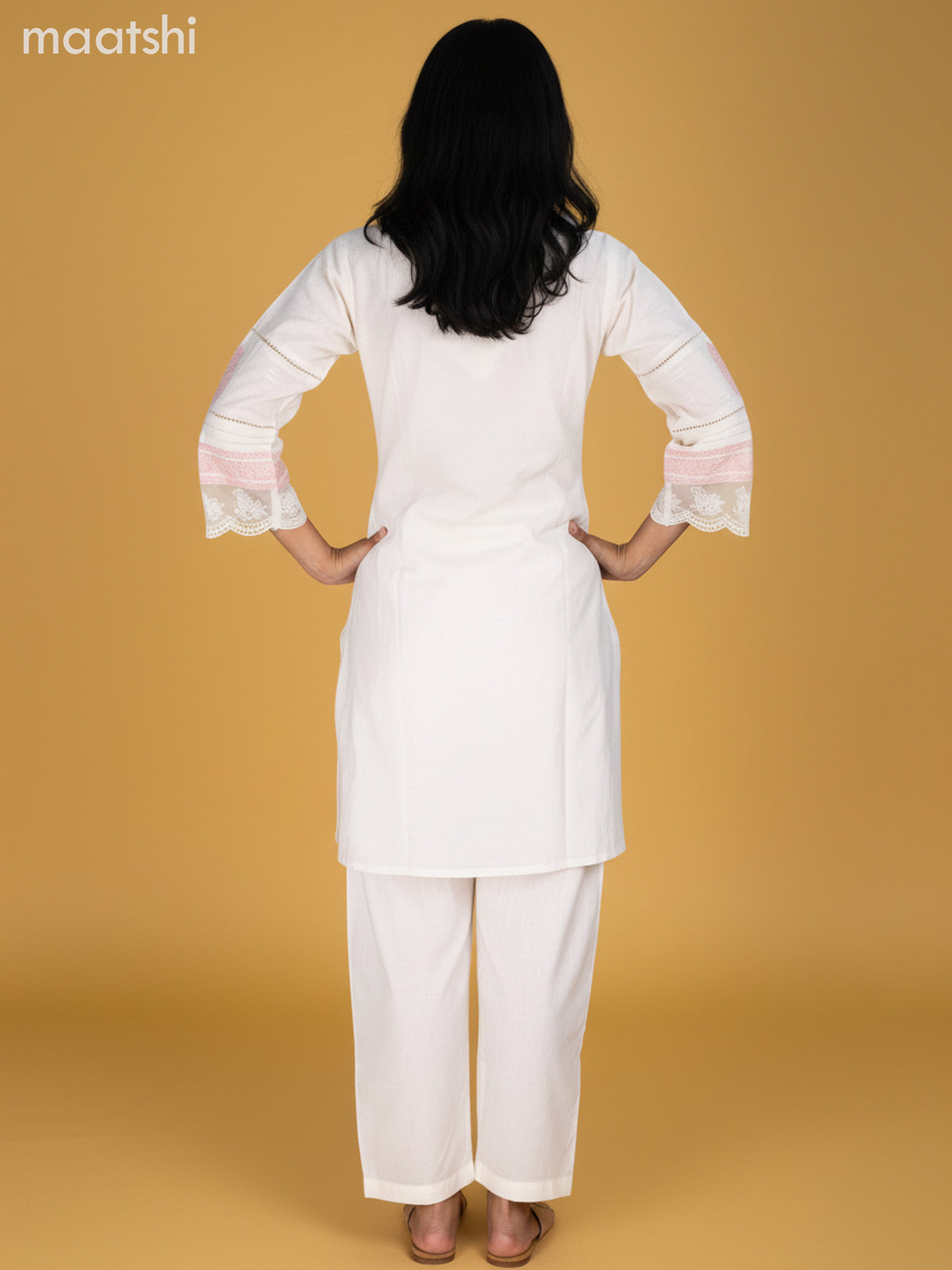 Off White Cotton Embroidery & Lace Work Kurti Set