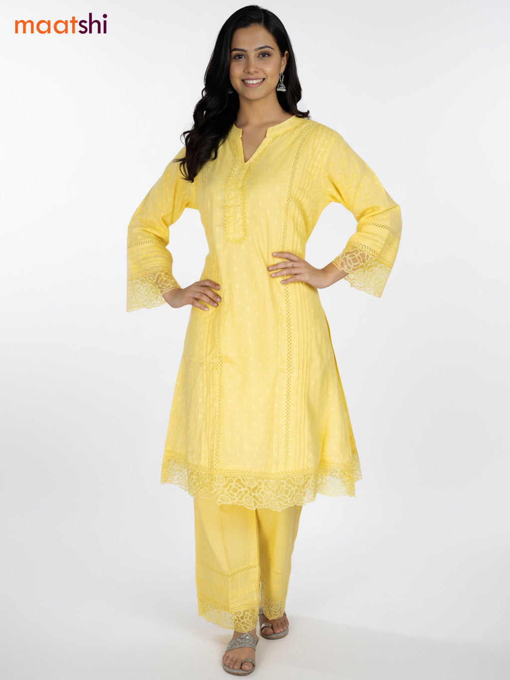Yellow Cotton Hakoba Work Kurti Set