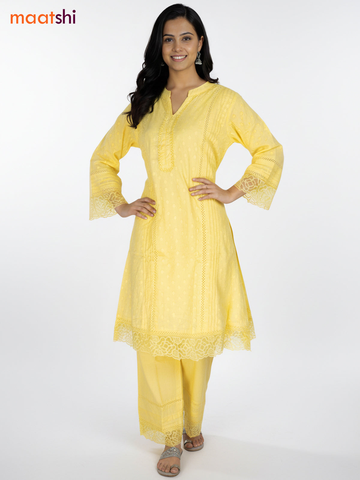 Yellow Cotton Hakoba Work Kurti Set