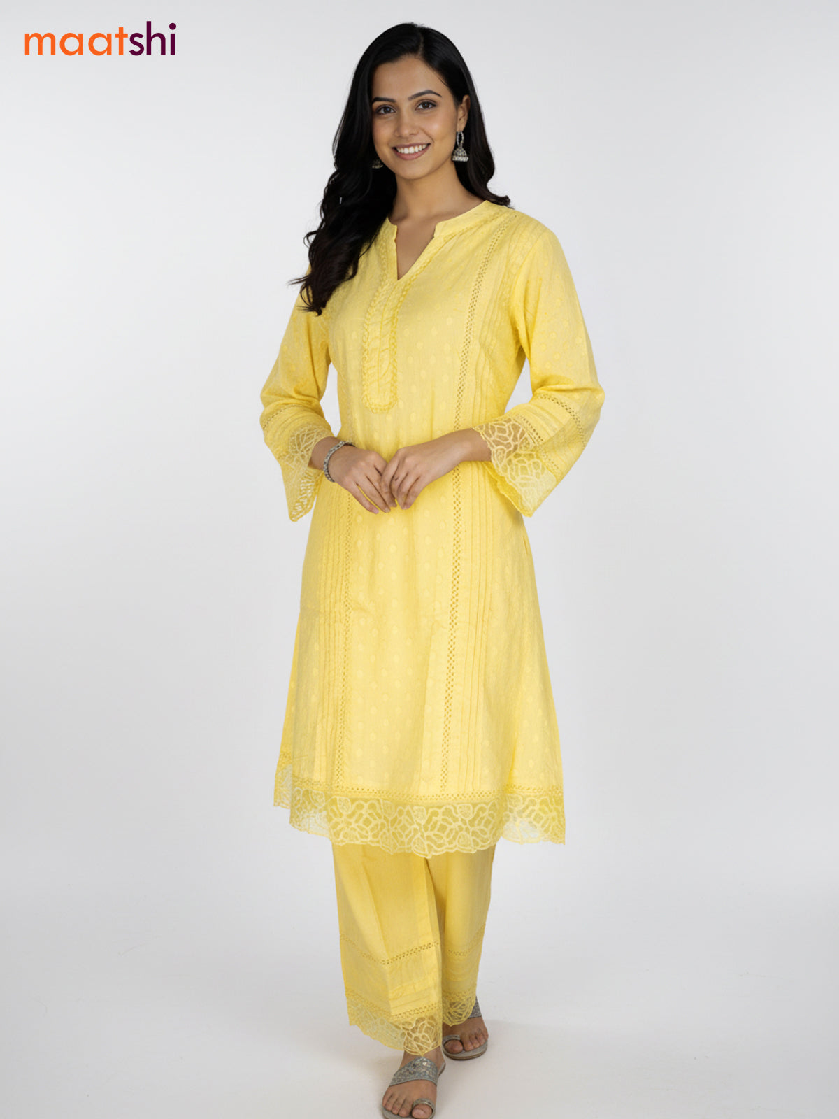 Yellow Cotton Hakoba Work Kurti Set