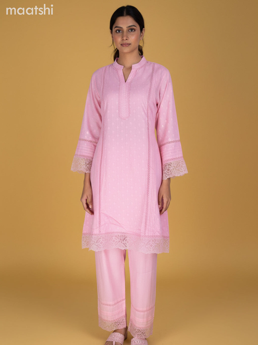 Peach Pink Cotton Hakoba Work Kurti Set