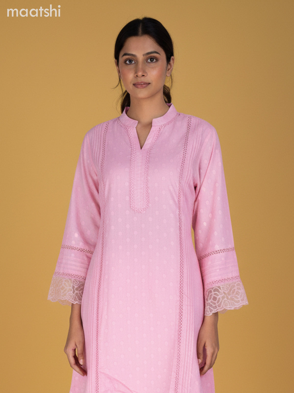 Peach Pink Cotton Hakoba Work Kurti Set