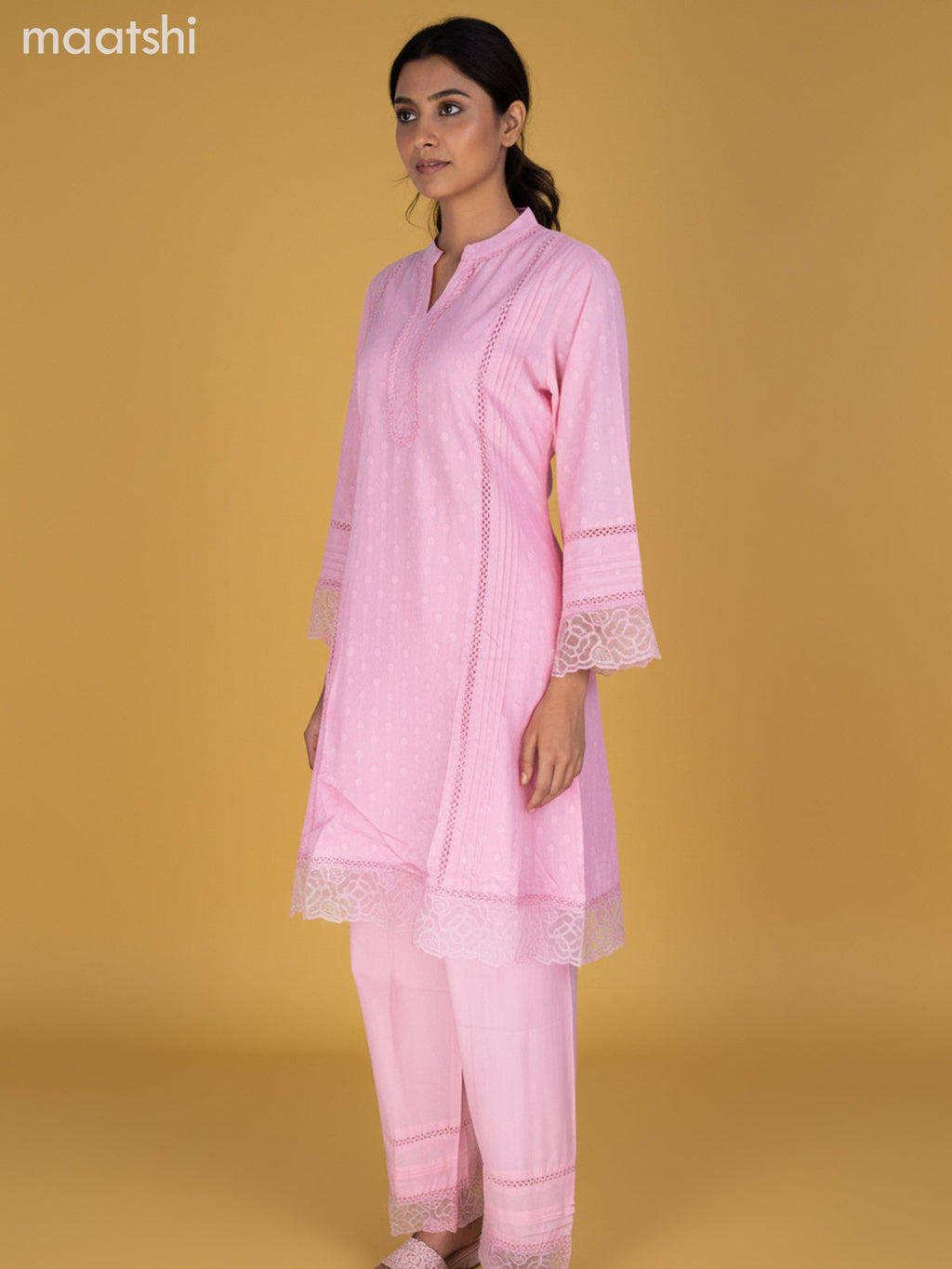 Peach Pink Cotton Hakoba Work Kurti Set