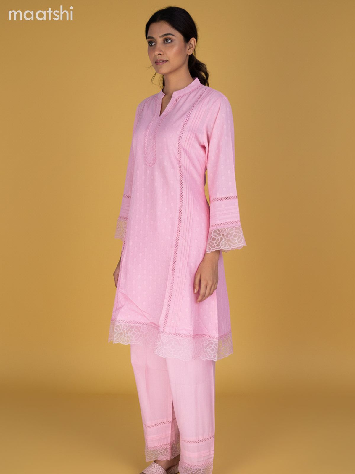Peach Pink Cotton Hakoba Work Kurti Set