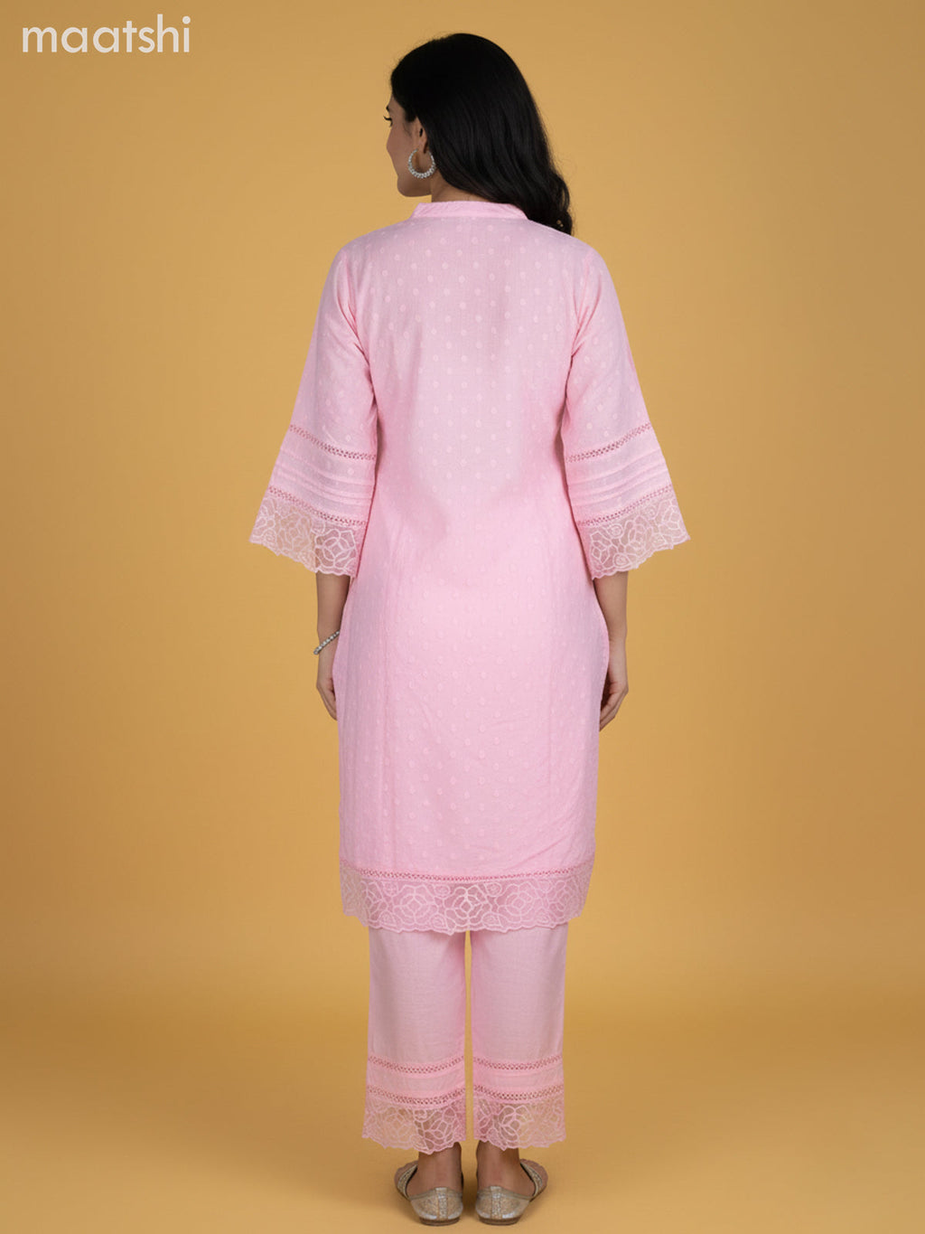 Peach Pink Cotton Hakoba Work Kurti Set