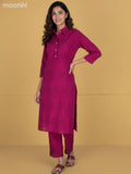 Magenta Pink Cotton Hakoba Work Kurti Set