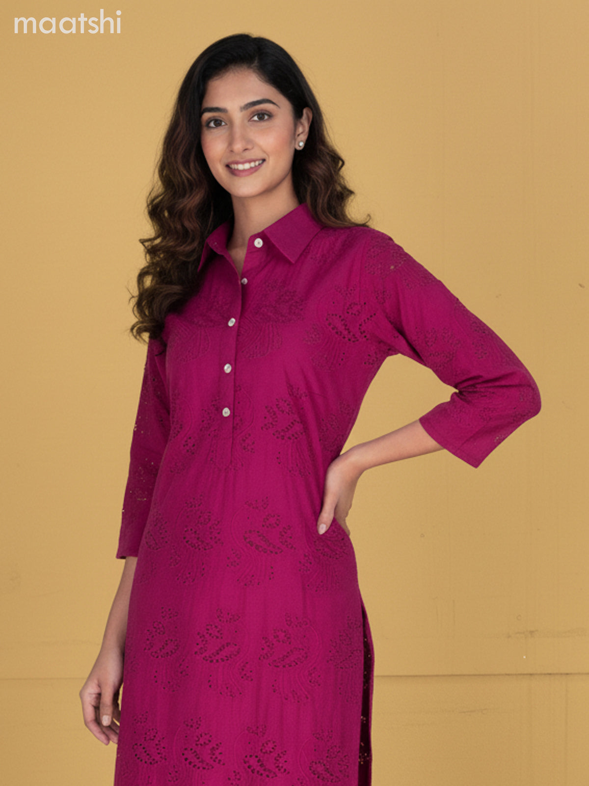 Magenta Pink Cotton Hakoba Work Kurti Set
