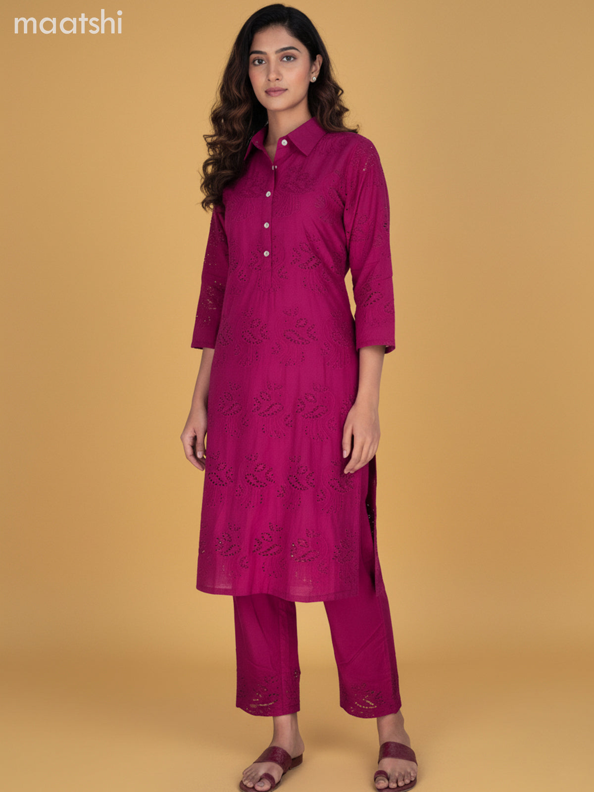 Magenta Pink Cotton Hakoba Work Kurti Set