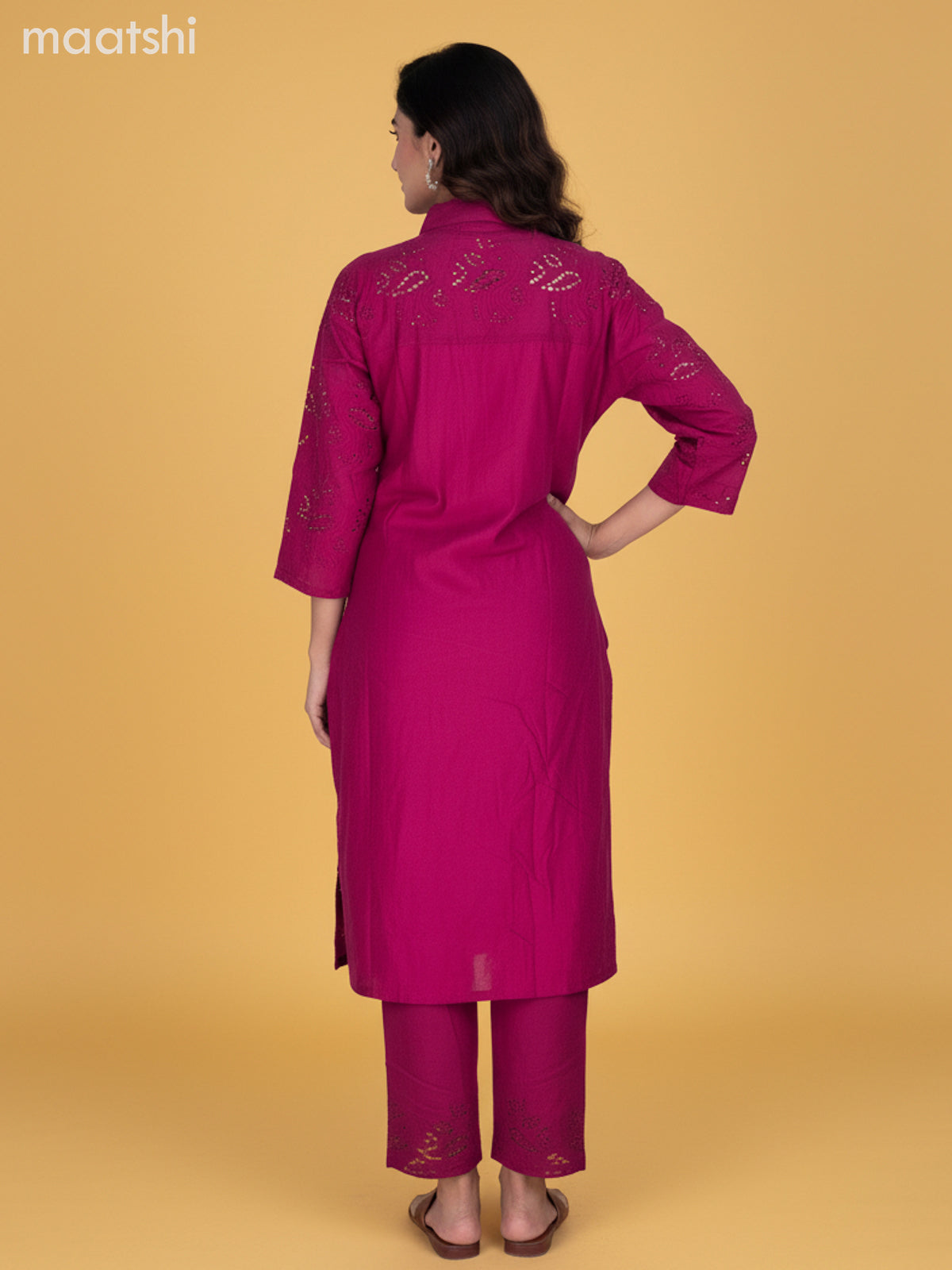 Magenta Pink Cotton Hakoba Work Kurti Set