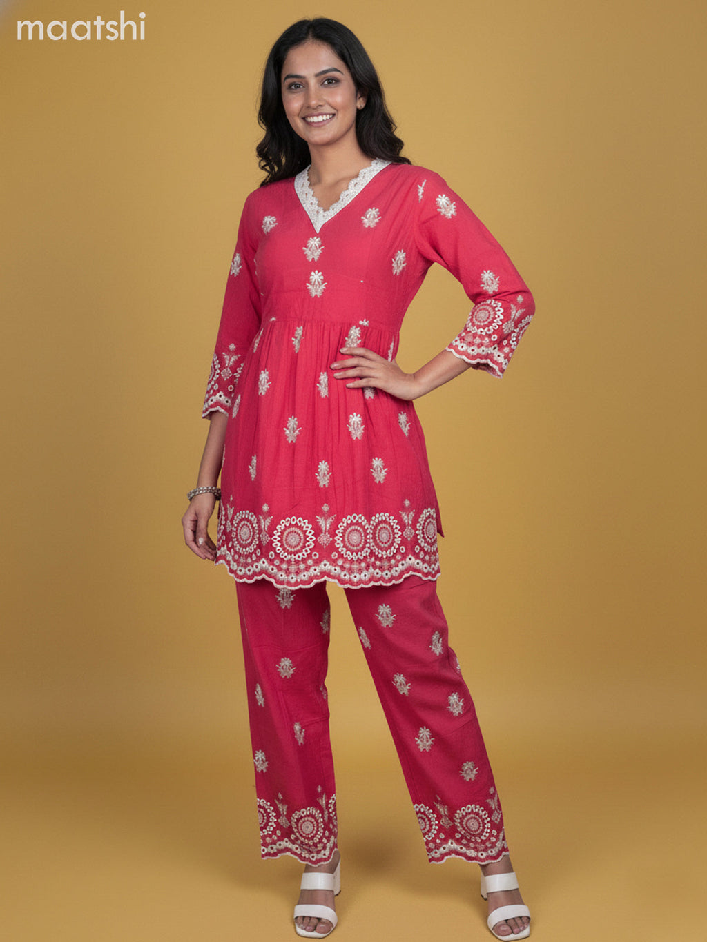 Reddish Pink Cotton Embroidery Work Co-Ord Set