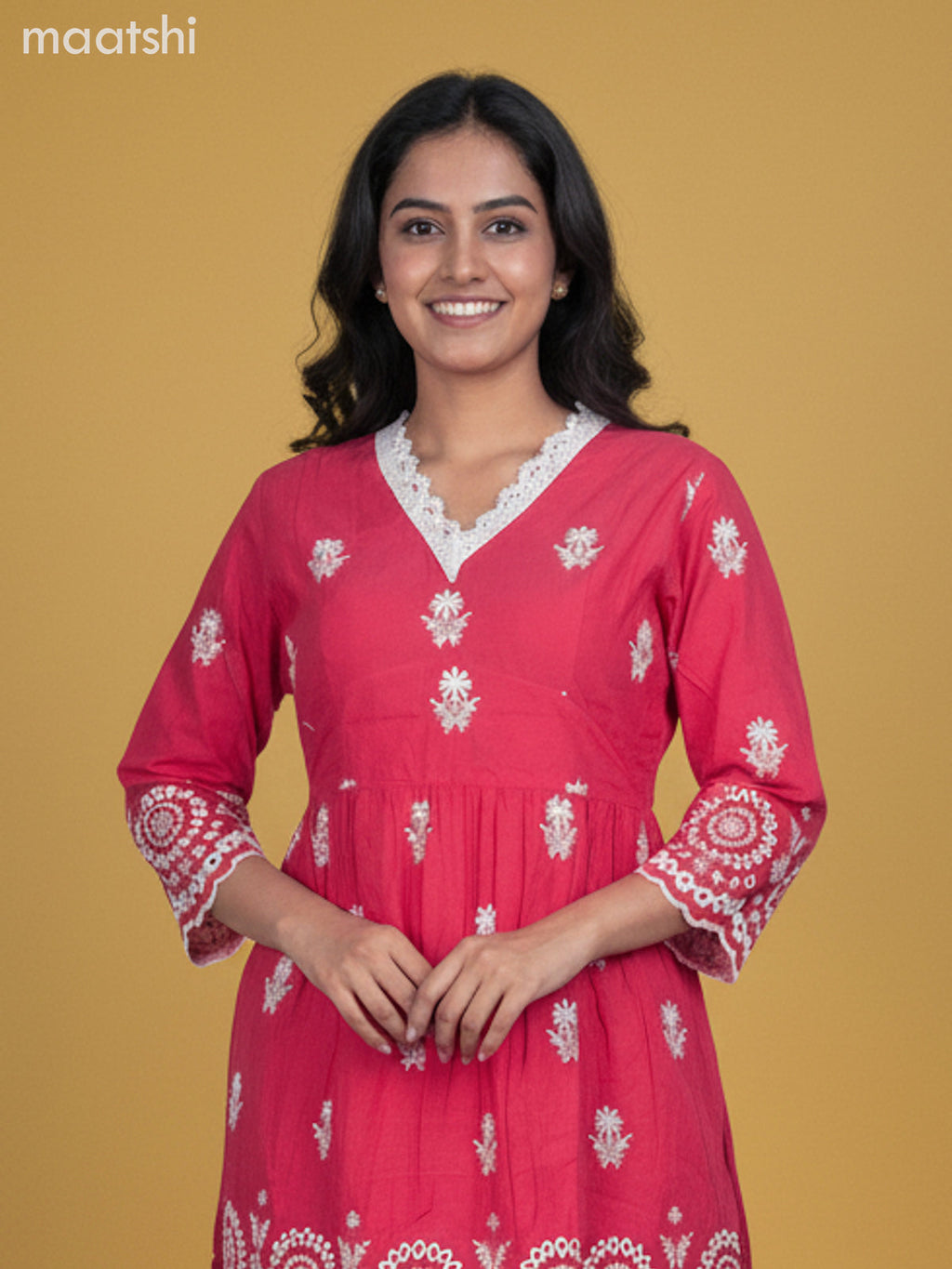 Reddish Pink Cotton Embroidery Work Co-Ord Set