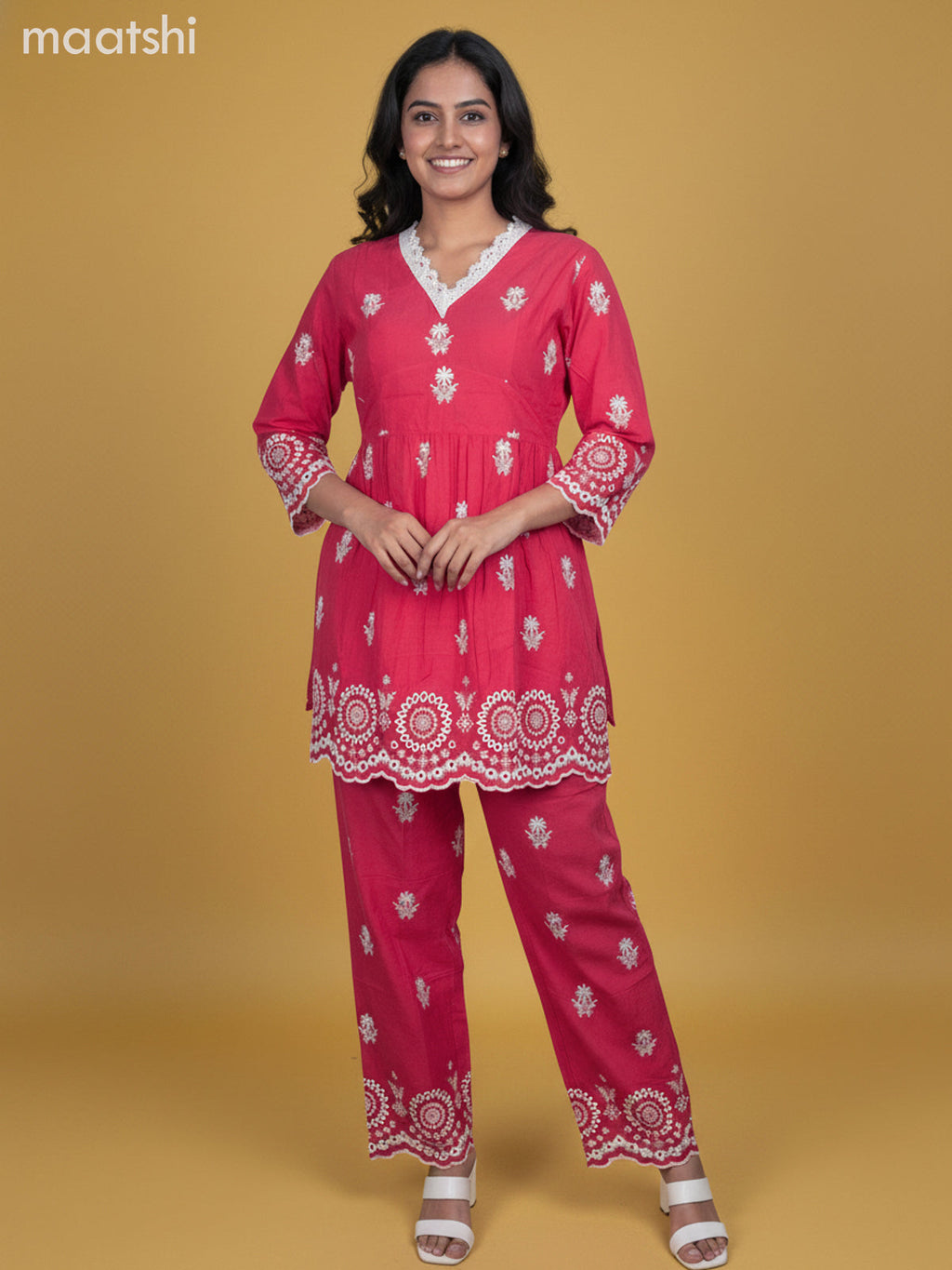 Reddish Pink Cotton Embroidery Work Co-Ord Set