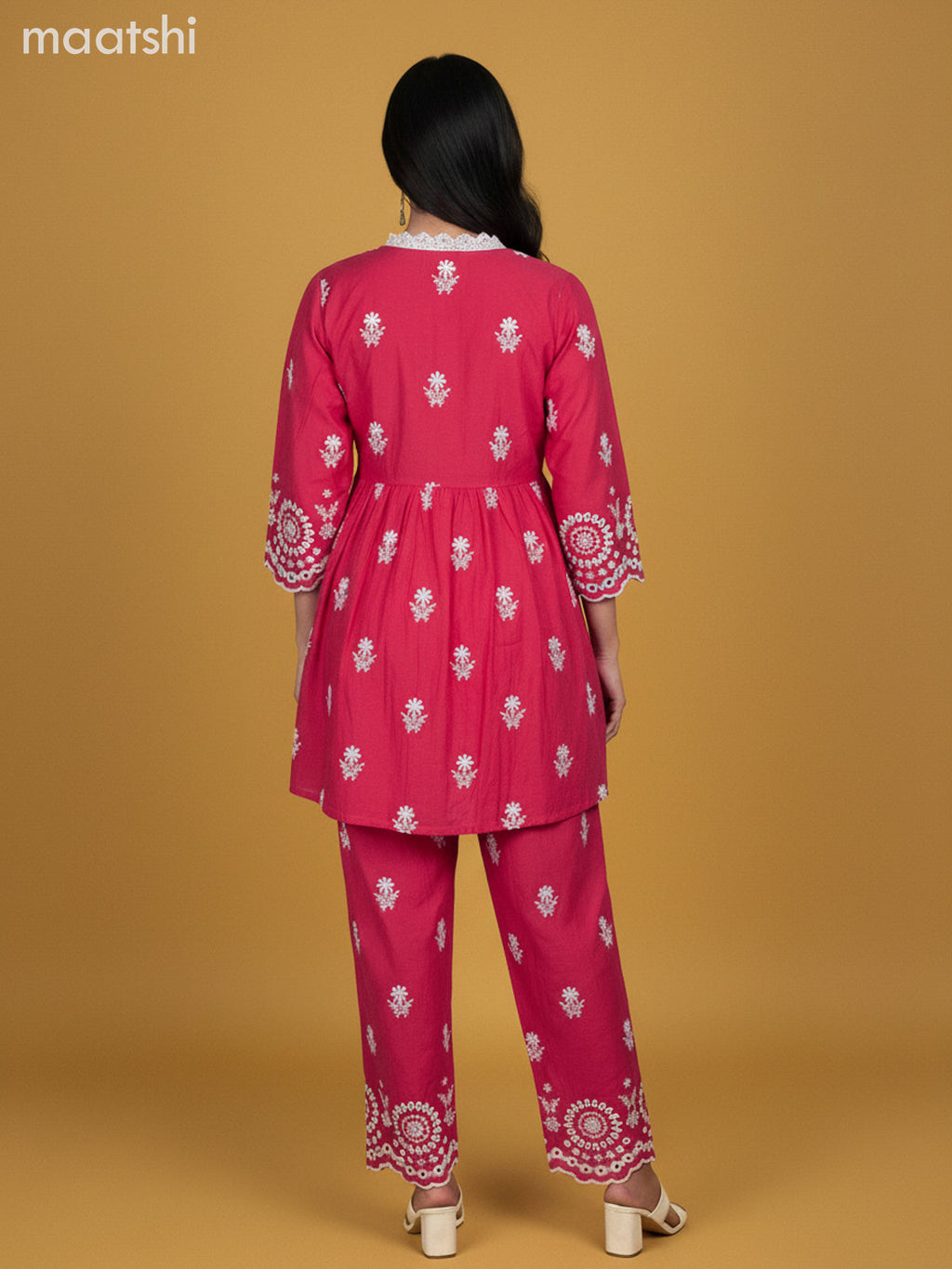 Reddish Pink Cotton Embroidery Work Co-Ord Set