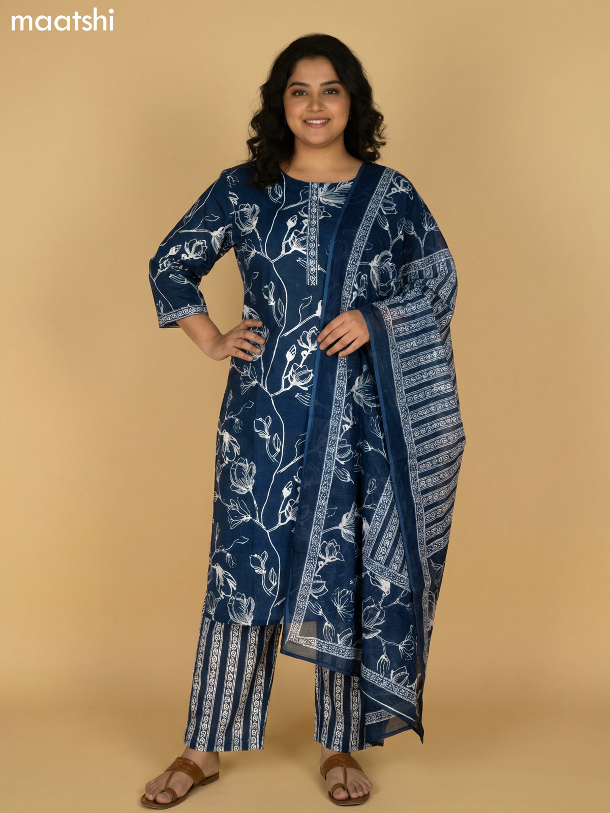 Peacock Blue Cotton Floral Printed Straight Suit