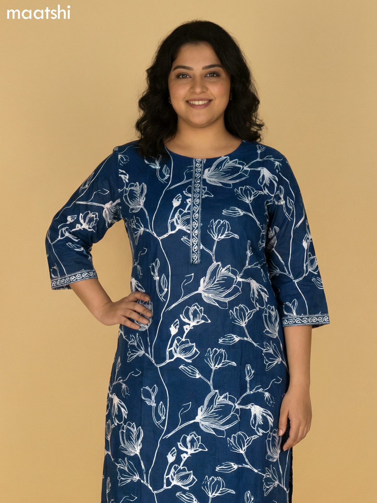 Peacock Blue Cotton Floral Printed Straight Suit
