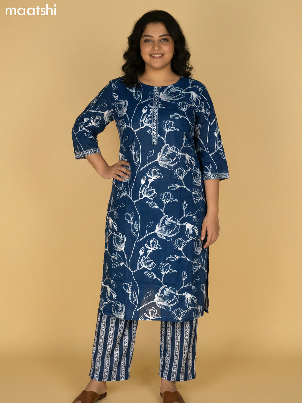 Peacock Blue Cotton Floral Printed Straight Suit