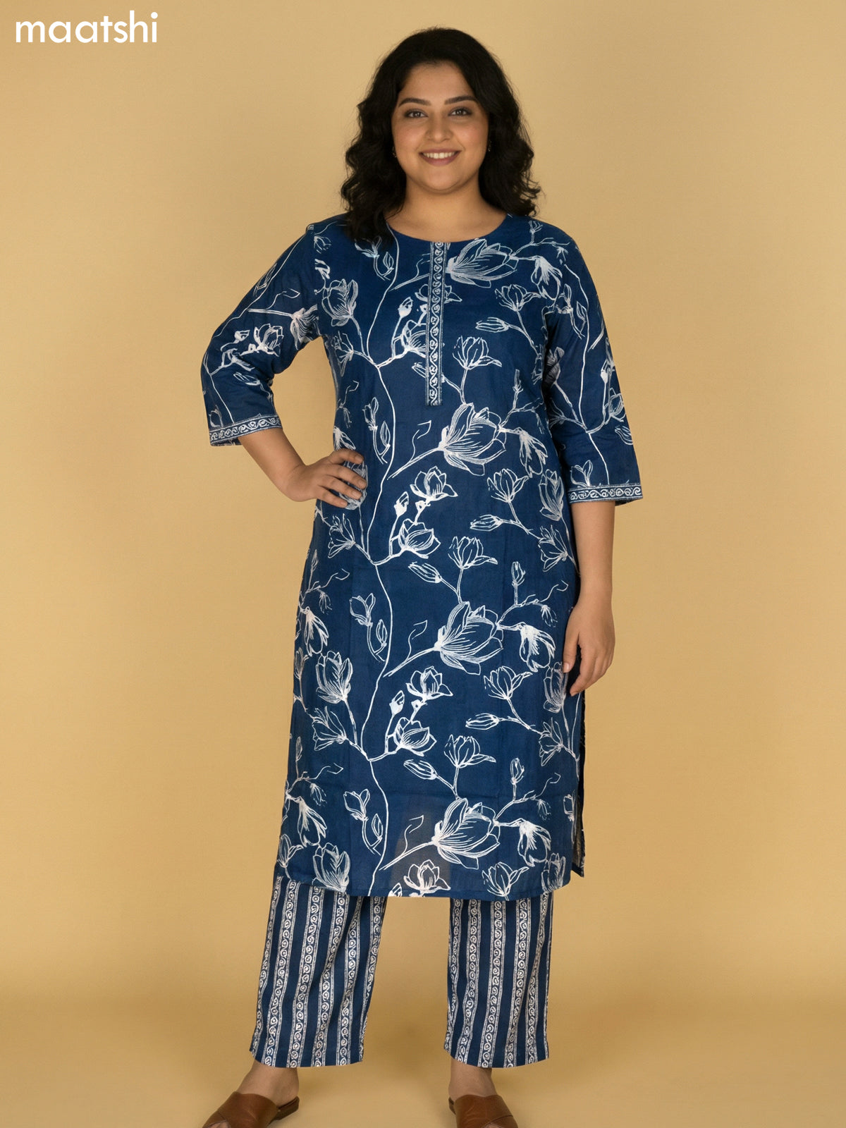 Peacock Blue Cotton Floral Printed Straight Suit