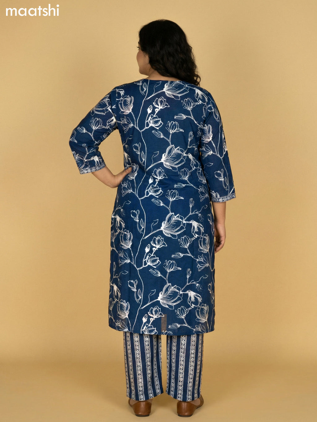 Peacock Blue Cotton Floral Printed Straight Suit