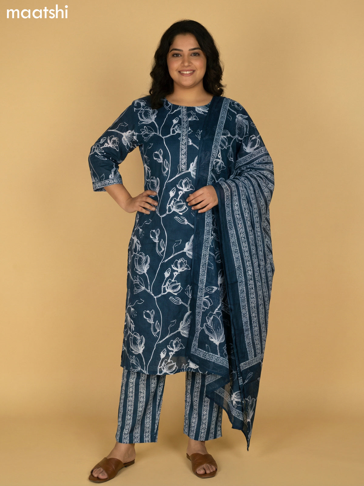 Peacock Green Cotton Floral Printed Straight Suit