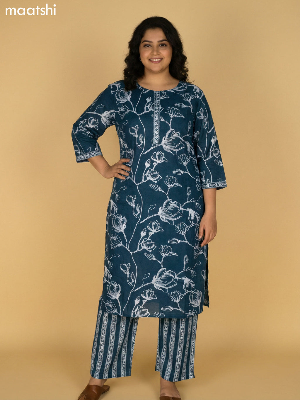 Peacock Green Cotton Floral Printed Straight Suit