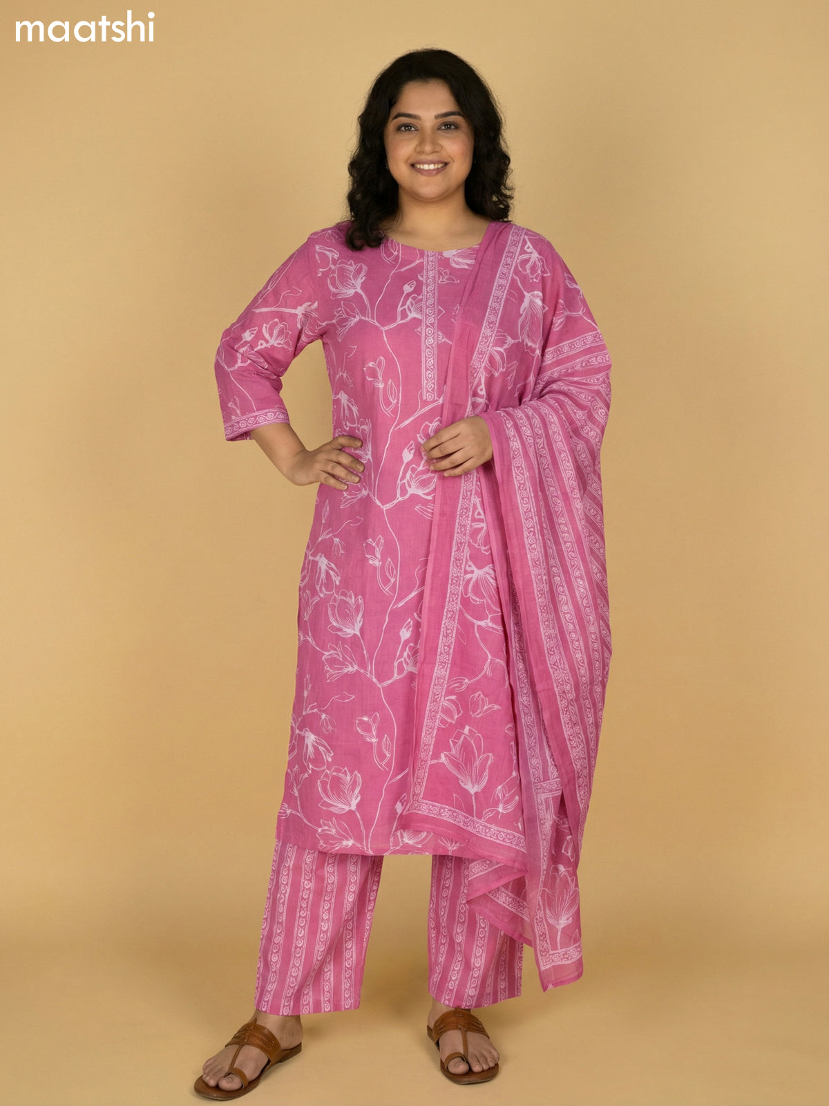 Peach Pink Cotton Floral Printed Straight Suit