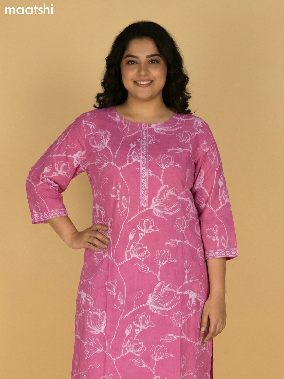 Peach Pink Cotton Floral Printed Straight Suit