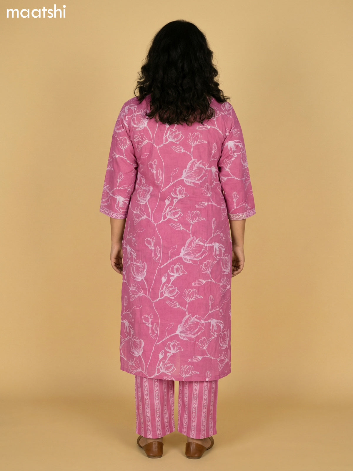 Peach Pink Cotton Floral Printed Straight Suit
