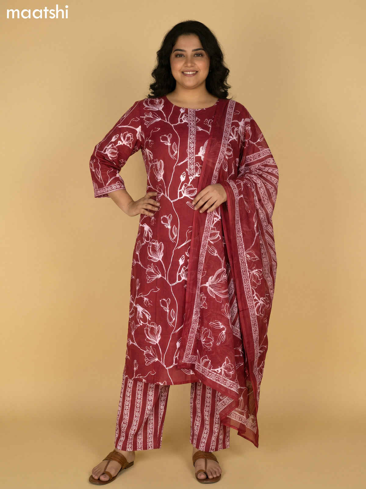 Maroon Cotton Floral Printed Straight Suit