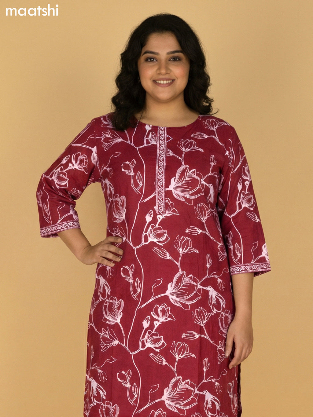 Maroon Cotton Floral Printed Straight Suit