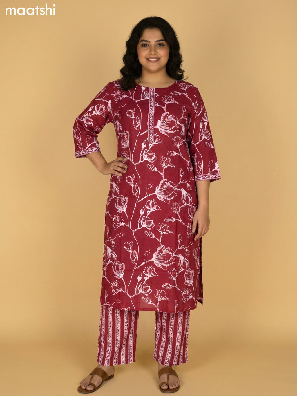 Maroon Cotton Floral Printed Straight Suit