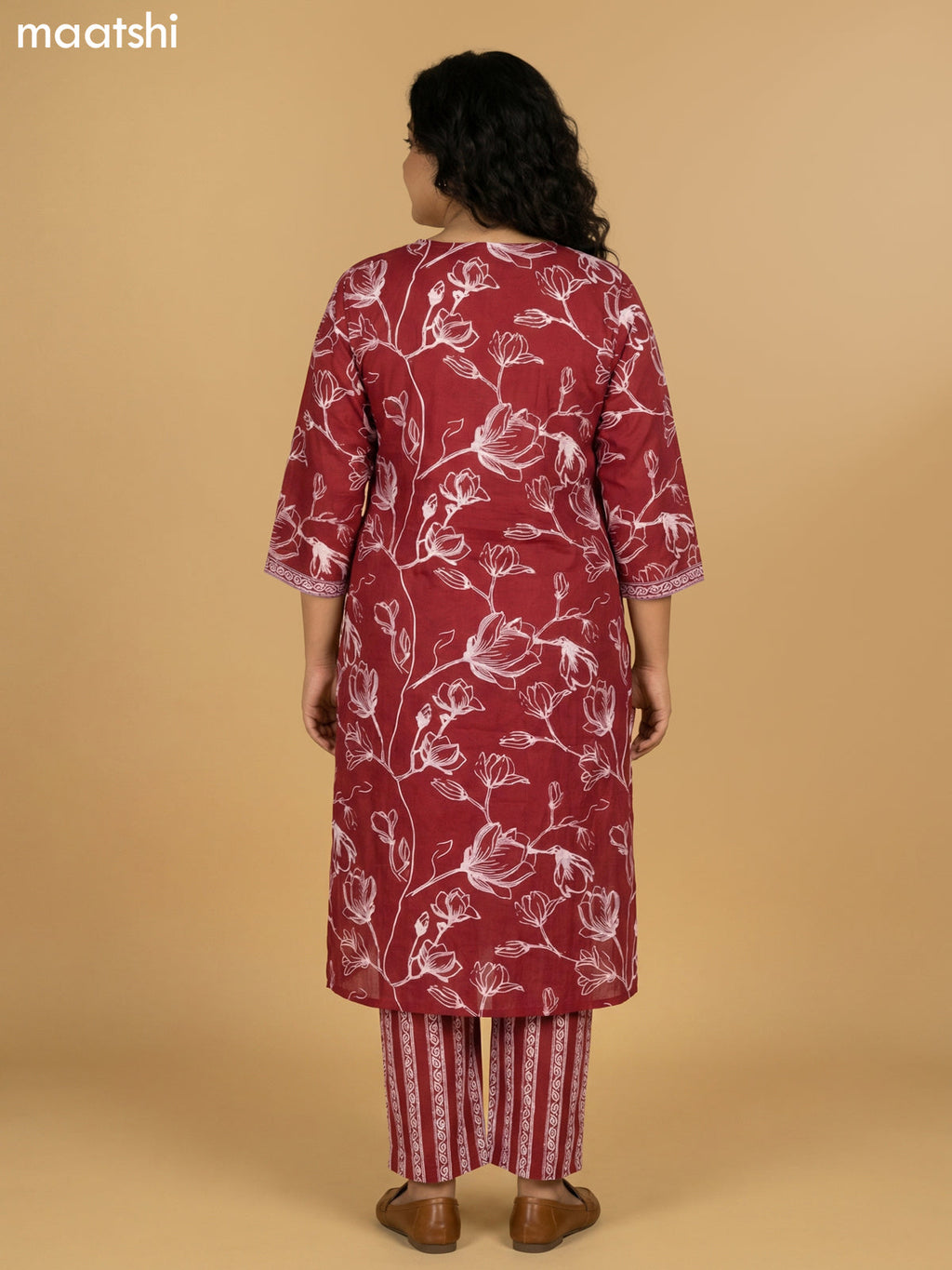 Maroon Cotton Floral Printed Straight Suit